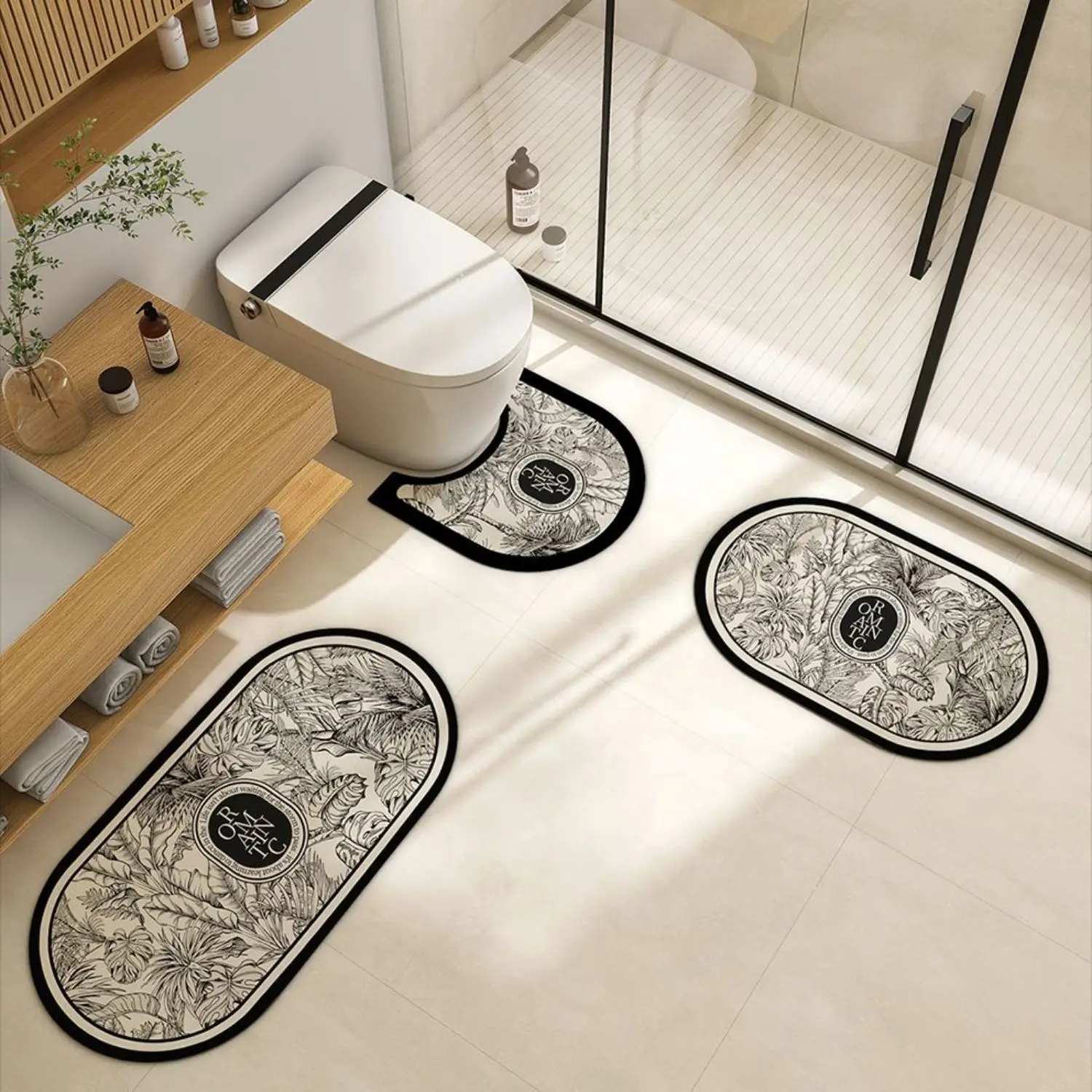 VIKAMA Retro Bathroom Diatom Mud Floor Mat Three-Piece U-Shaped Toilet Mat Toilet Absorbent Non-Slip Foot Mat Entrance Door Mat