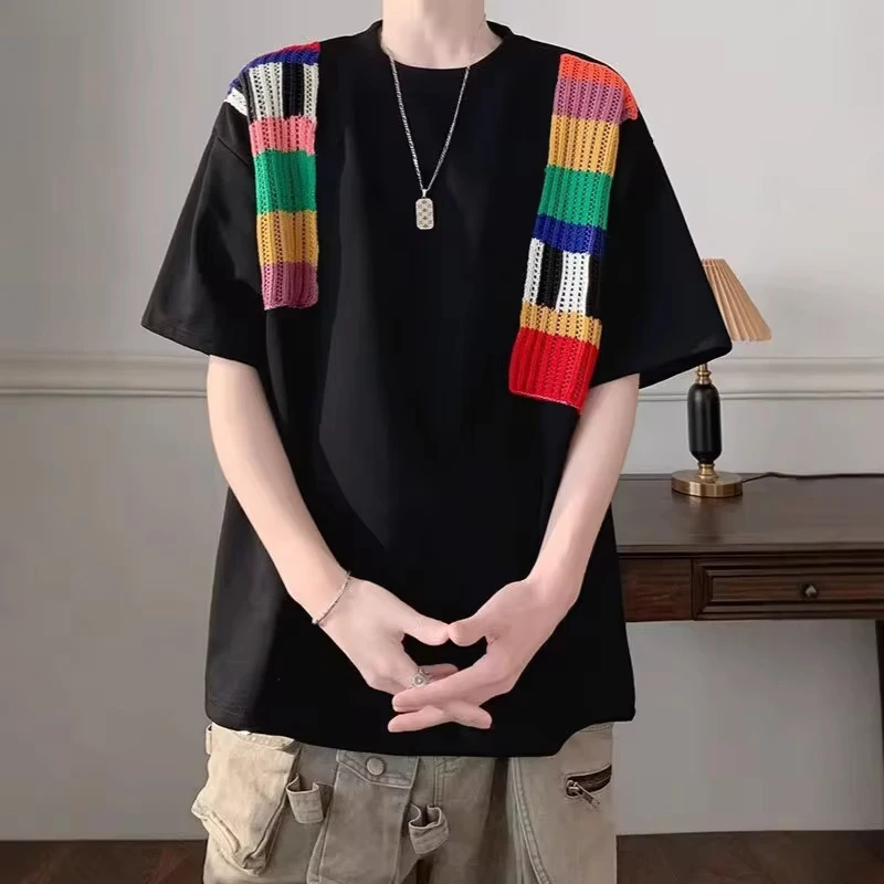 

Summer 2025 New Fashion Men's Knitted Contrast Color Casual Trendy O-neck Short Sleeve Cotton T-shirts Male Undershirts