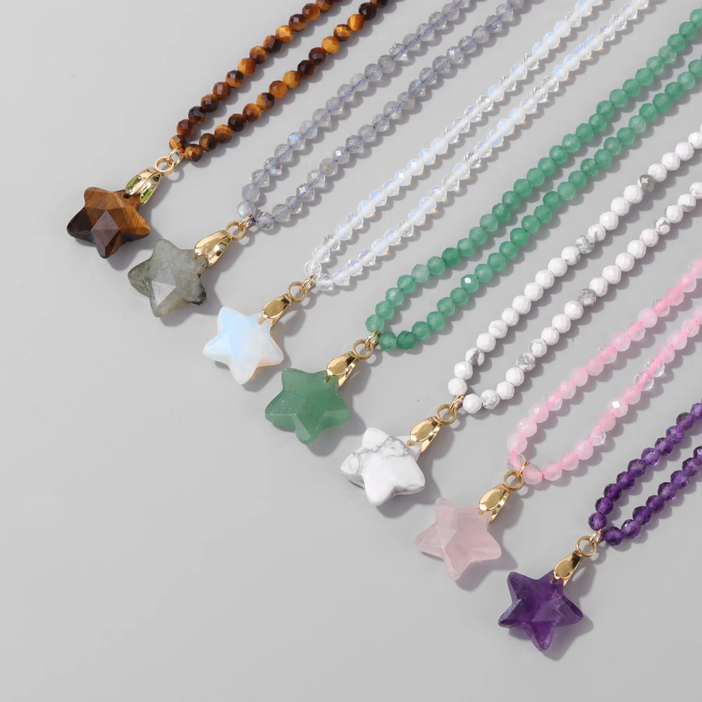 Star Shaped Pendant Necklace Natural Stone Crystal Rose Quartz Opal Pentagram Tiger Eye Amethysts Beads Necklaces Jewelry