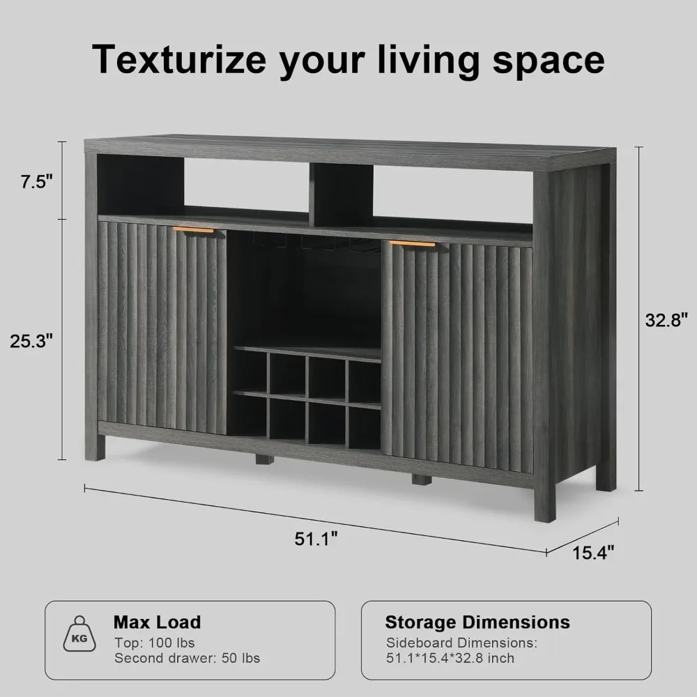 Gabinete para bar de vinos, gabinete para licores de café moderno con estriado Oxford con estantes ajustables y estantes para vinos, almacenamiento de 8 botellas, 51 pulgadas