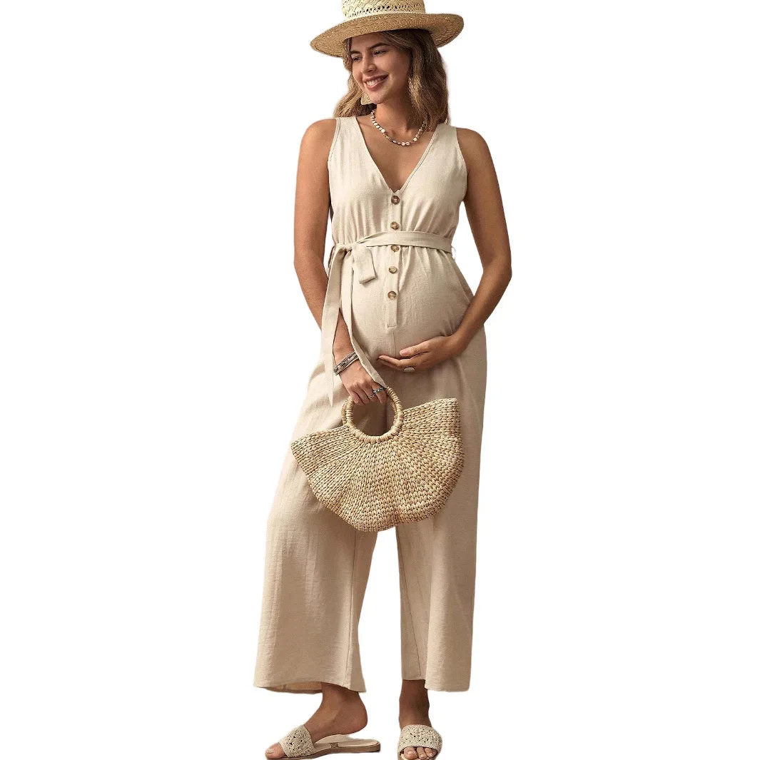 2025 Summer Maternity Pants Wear New Style - V-Neck Sleeveless Overalls with Adjustable Waistband Loose-Fit Long Denim Jumpsuit
