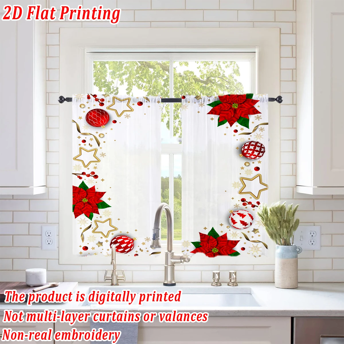 Christmas Flat Printing Kitchen Sheer Curtain with Merry Christmas Ball Poinsettia Ornament For Christmas Home Decor  Party
