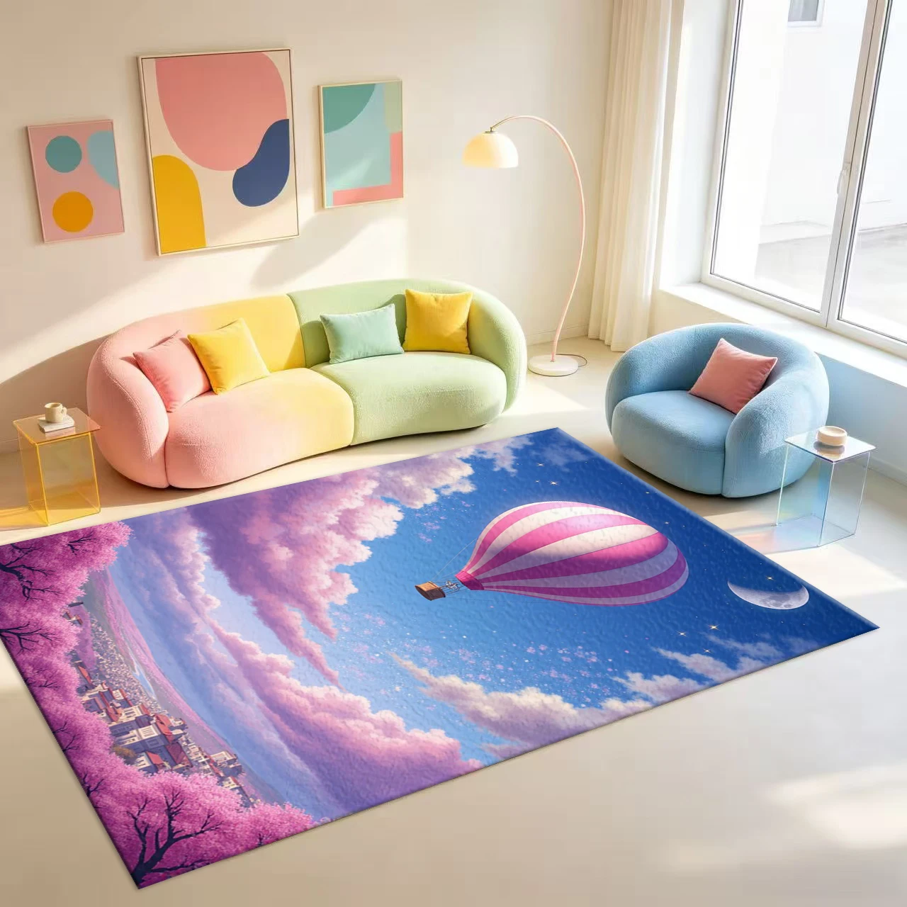 Dreamy Hot Air Balloon Sky Carpet Floor Decoration Dreamy Cherry Blossom Scenery Home Carpet