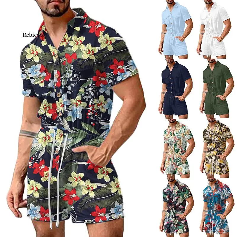 

2022 Summer Men Rompers Shorts Streetwear Printing Short Sleeve Beach Hawaiian Playsuits Button Casual Men Jumpsuits