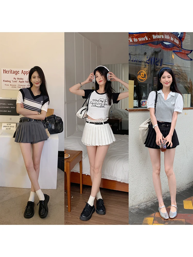 

Повседневные двухцветные плиссированные юбка-брюки для женщин с высокой талией, стройнящие, в студенческом стиле, универсальные, из полиэфирного волокна, А-силуэт