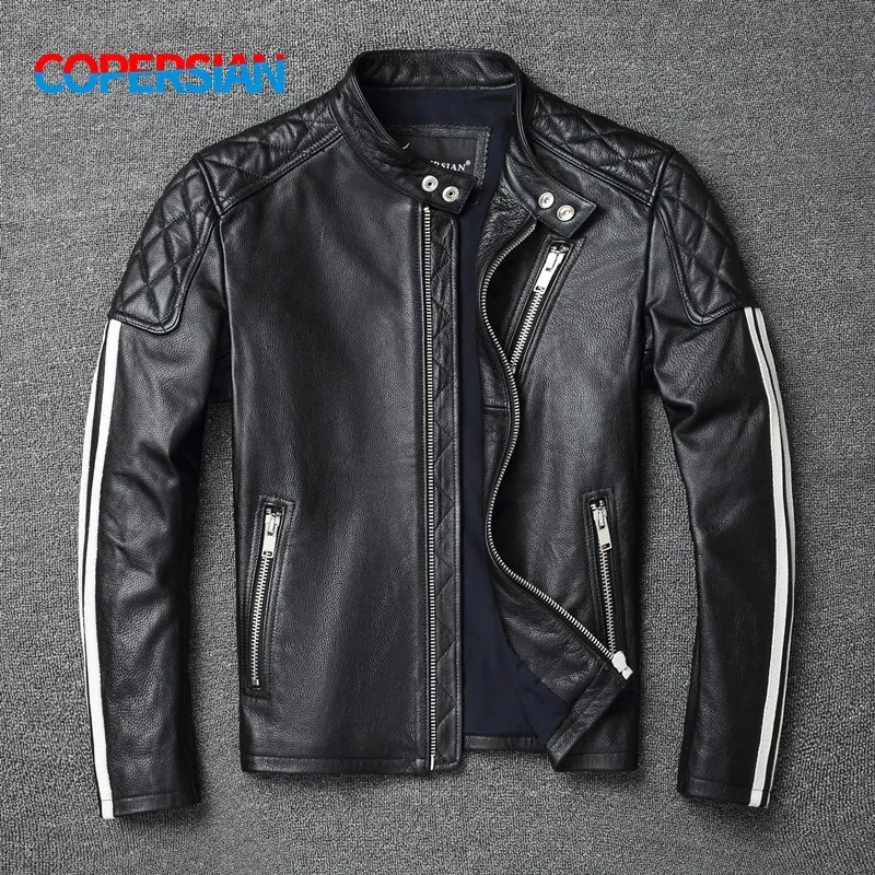 2025 New fashion Men Leather Jacket 100% Genuine Cowhide Coat White Stripes Cool Biker Slim Short Autumn Clothing.