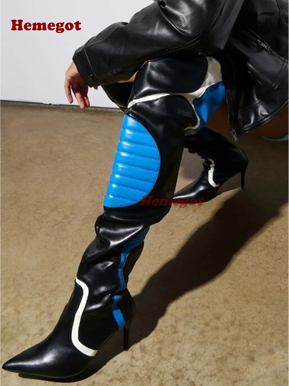 

Motorcycle Splicing Boots Pointy Toe Thin Heels Side Zipper Patchwork Women's Long Boots Gladiator Leather Shoes Winter 2025 New