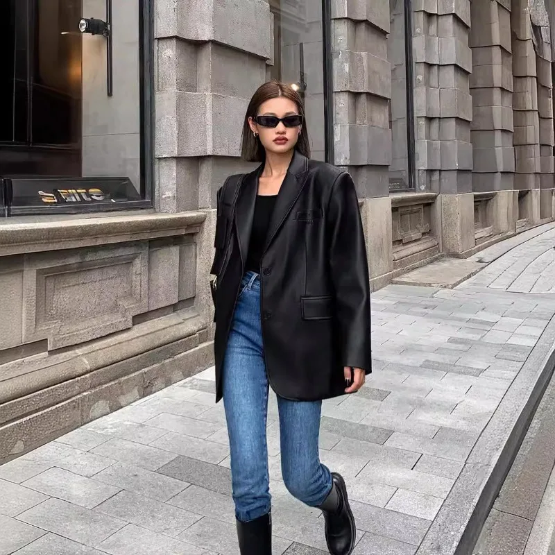 

Black PU Leather Suit Jacket Ladies Spring Autumn New Solid Color Loose Jacket with Shoulder Pads Back Fork Design Women's Coat