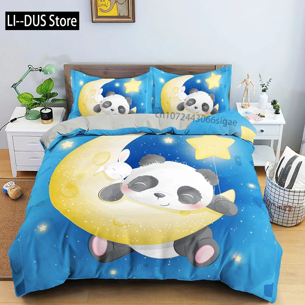 การ์ตูนสัตว์ชุดผ้านวม PANDA Moon Star รูปแบบชุดเครื่องนอนสําหรับเด็กเดี่ยว Queen Size ผ้าปูไมโครไฟเบอร์ผ้านวม