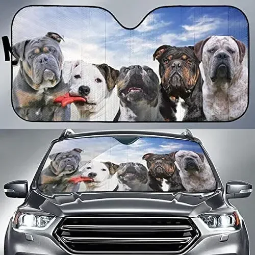 3D Funny Olde English Bulldogge Family Blue Sky Pattern Car Sunshade, Olde English Bulldogge Car Window Sun Cover, Car Windshiel