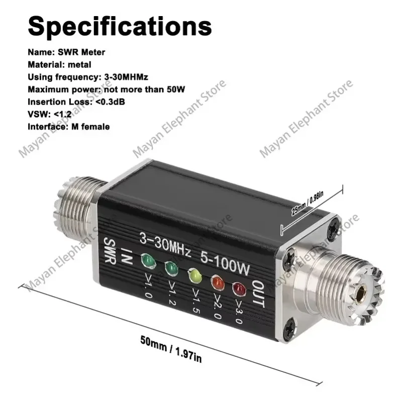 LED SWR Meter 3-30MHz Frequency Shortwave Standing Waves Indicator with 5 LEDs M Female Interface