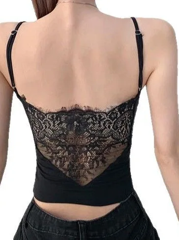 Sexy Lace Backless Crop Top Women's Strap Vest Integrated Inner Wear Outerwear Cotton Blend Stretchy U-Neckline Thermal