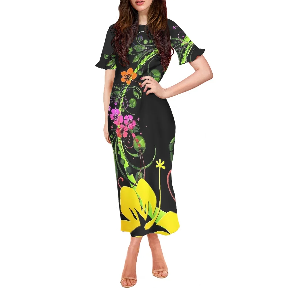 

Polynesian Tribal O-neck Short Sleeve Clothing Elegant Women's Dress 2022 Plus Size Women Hibiscus Flower Printing Long Dress