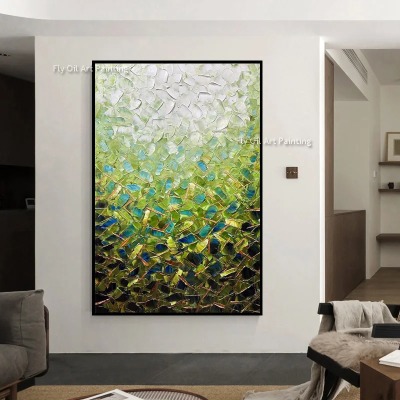 Vibrant Green Blue Palette Knife Painting, Handmade Abstract Mosaic Texture Wall Art, Contemporary Home Wall Ornament