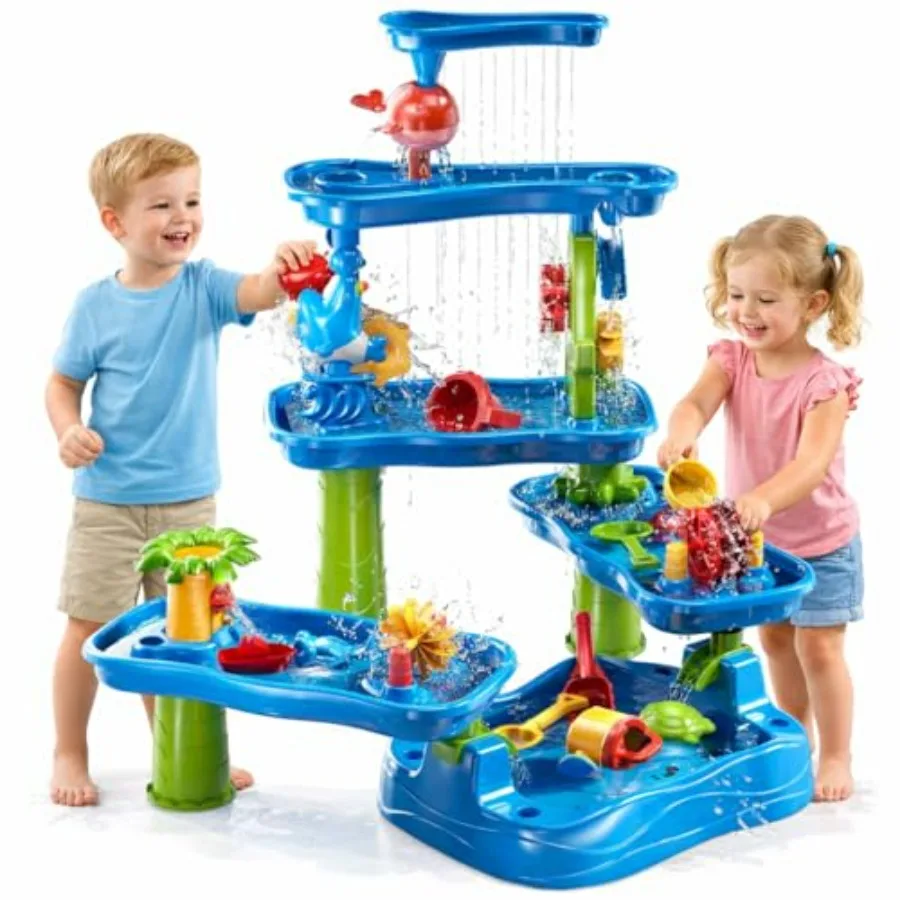 5-Tier Water Table Toys for Toddlers Ages 1-3 4-8, Plastic Blue Sand and Water Sensory Table with Rain Showers Pond, Outdoor Su