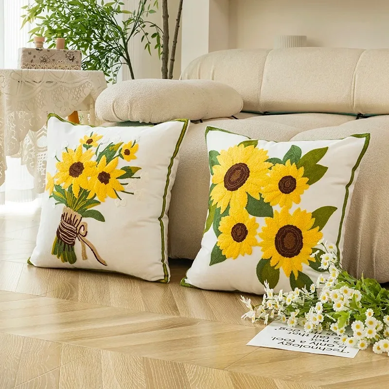 45x45CM Cotton Embroidery Cushion Covers Soft Decorative Sofa Pillow Cases Sunflower Pillow Cover For Living Room Hotel Decor