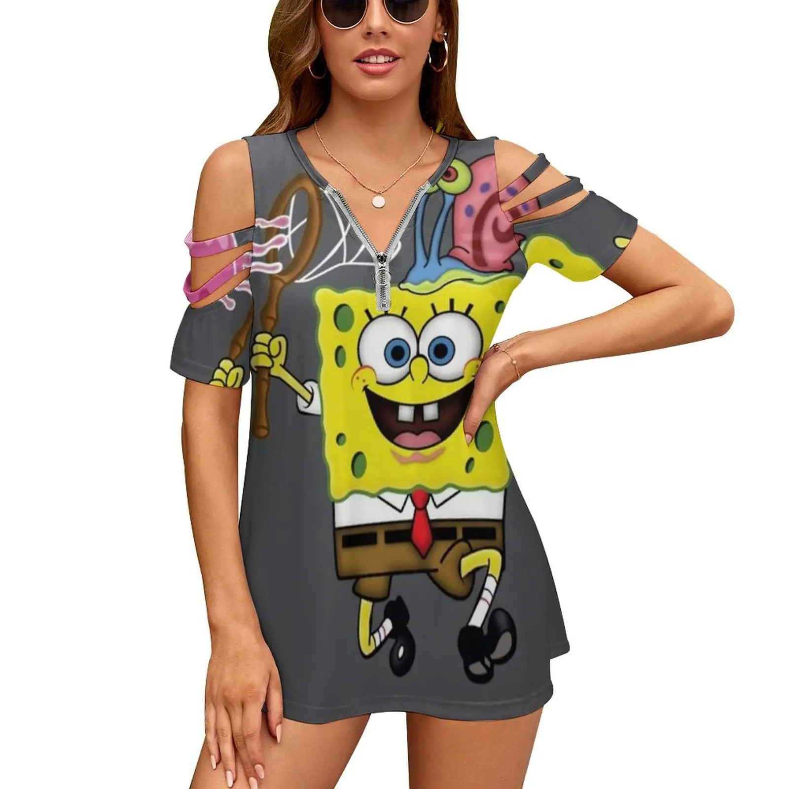 Women's T-Shirt Summer Fashion Print Floral V-Neck Zipper Tshirt Hollow Pullover Ladies Top Sponge Patrick Sandy Mr Krabs