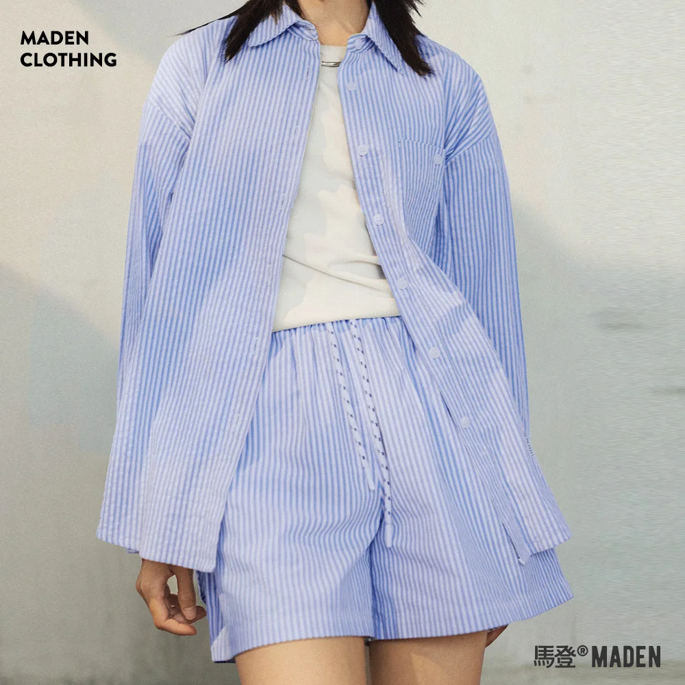 Maden Women Shirt Set Cotton Loose Blue and White Striped Long Sleeve Shirts Short Two Piece Set Oversized Style