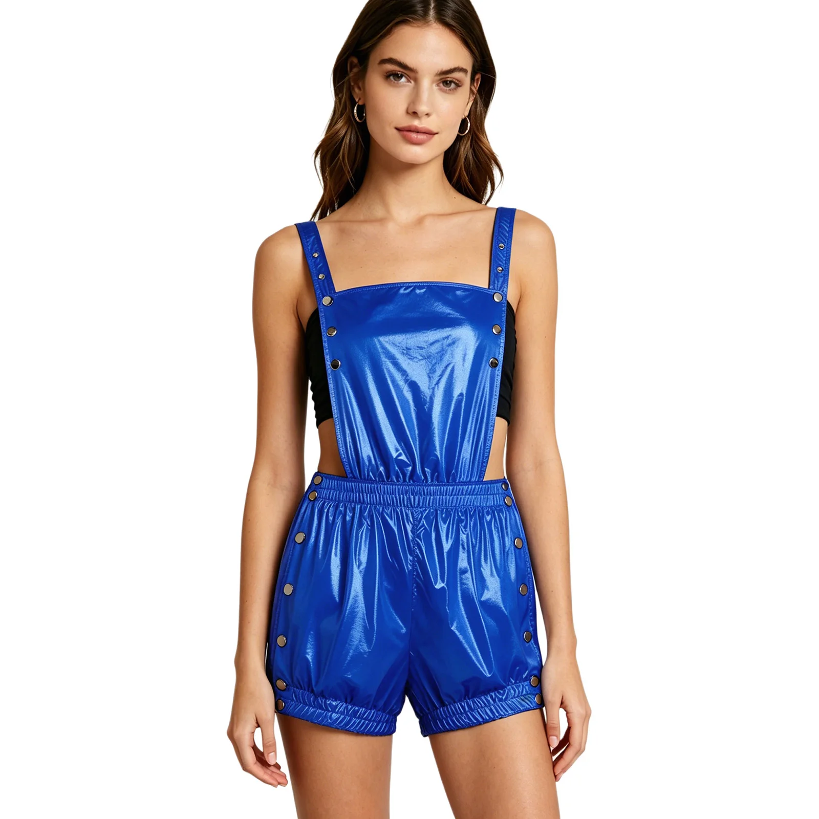 Women Glossy Waterproof Tear-away Rompers Press Buttons Ruffled Trims Elastic Waistband Backless Overalls for Nightclub Party