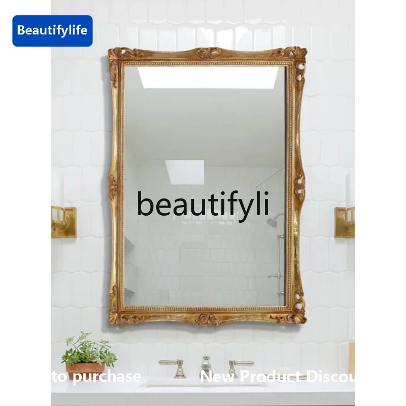 

GG French Retro Bathroom Mirror Wall-Mounted Vanity Makeup Mirror Light Luxury Decorative Mirror