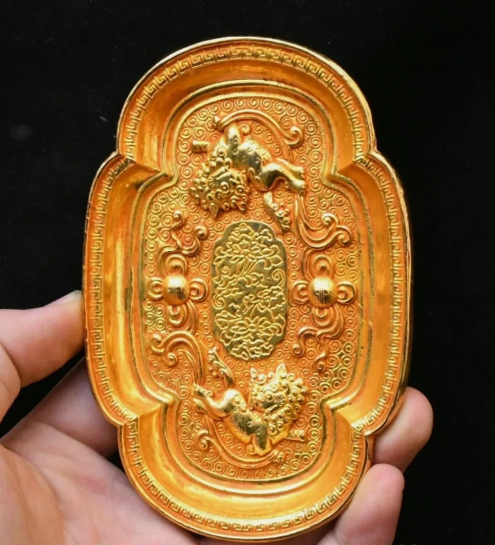 4.7 ''السلالة القديمة البرونزية المذهبة قصر فو فو الكلب الحرس علبة الأسد طبق لوحة #3