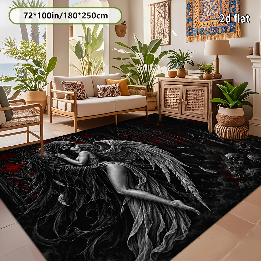 1pc Dark Gothic Velvet Rug, Grim Reaper & Angel Kiss Pattern, Lightweight, Soft, Durable, Machine Washable, Non-Slip Backing