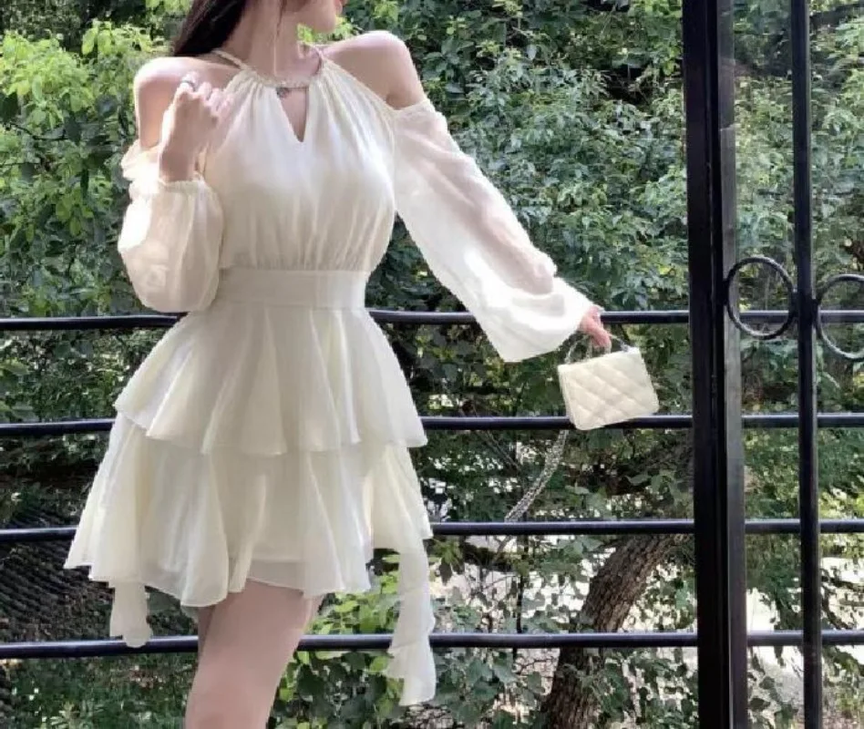 

Summer Elegant Chiffon Mini Dress Women Party Dresses Office Lady Chiffon Off Shoulder Fairy Dresses Korean Ruffled Robe Платье