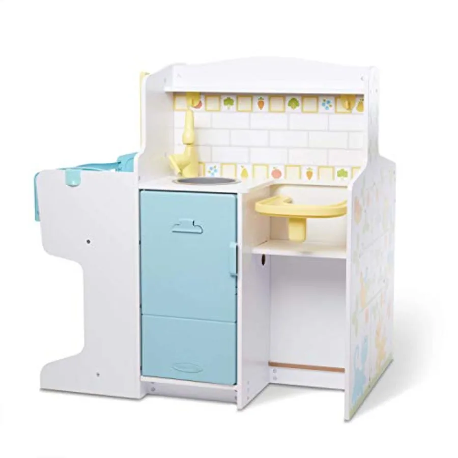

Baby Care Activity Center for Dolls - Kitchen, Nursery, Bathing-Changing; fabric wood; pastel pink blue; foldable, multi-scene