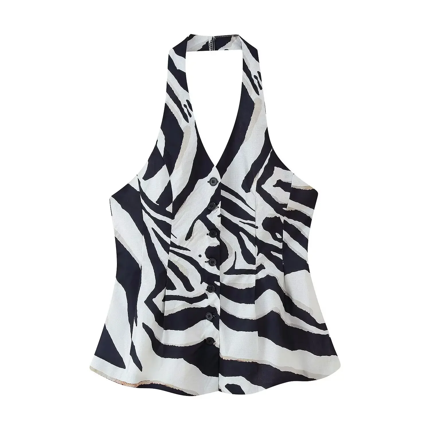 BWQ Causal Striped Halter Top Pant Set Elegant Backless Sleeveless Top Zipper Pleated Wide Leg Pants Outfits Zebra Print Pant