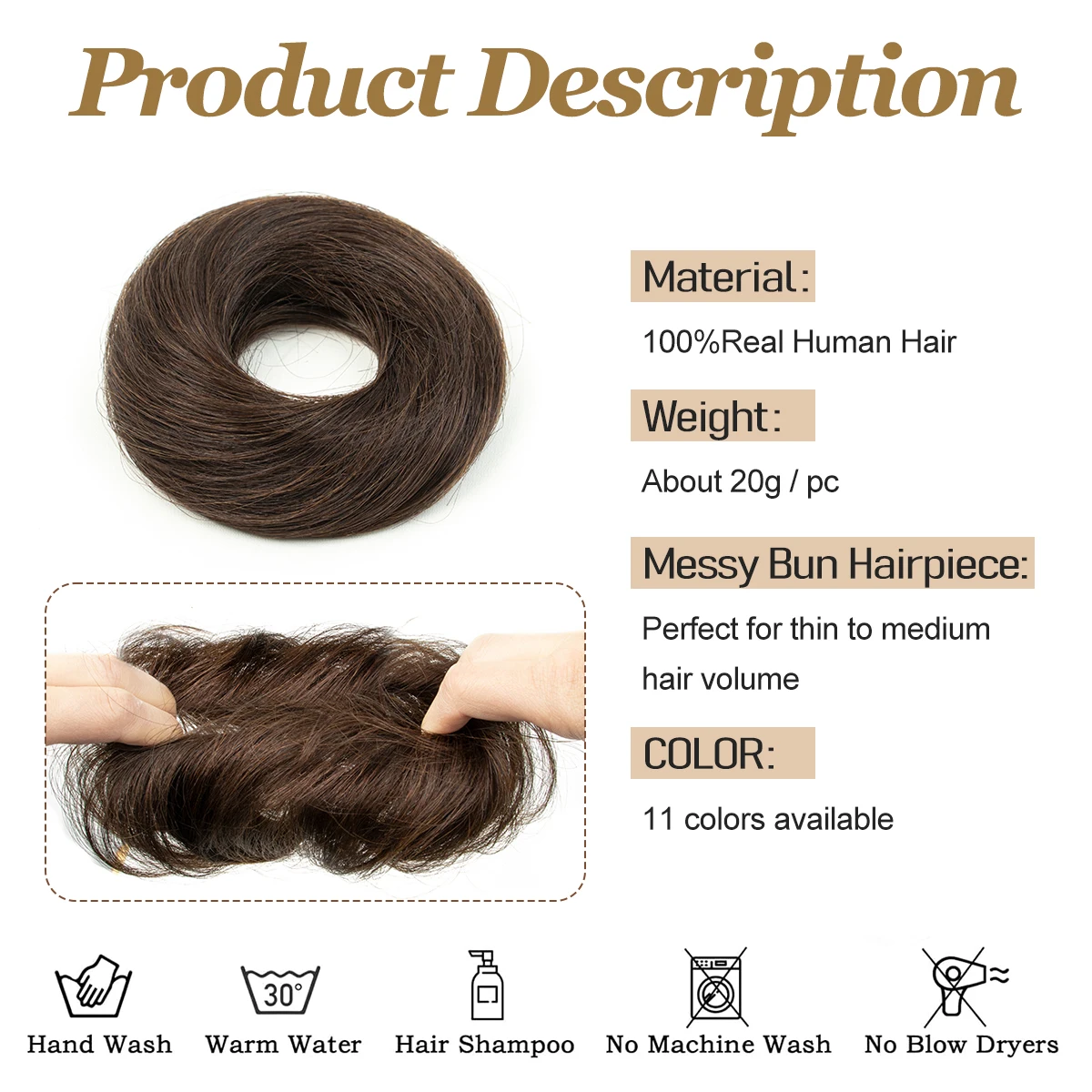 Comfortable Breathable Real Human Hair Donut Bun Soft Natural Looking Reusable Stylish Daily Updo Hairpiece Hair Scrunchie