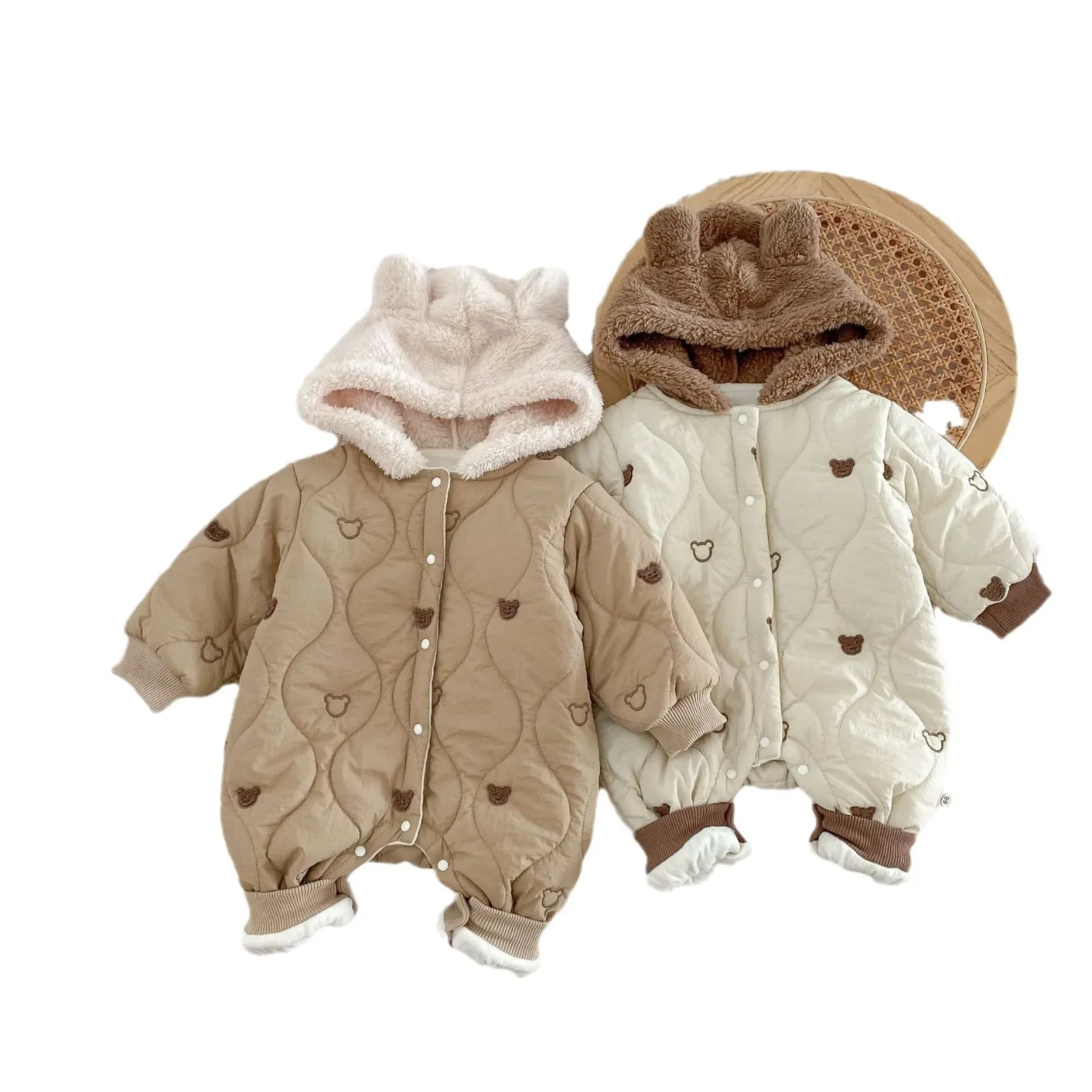 2024 Winter New in Kids Baby Boys Girls Thicken Plush Warm Outfits , Toddler Infant Cartoon Bear Jumpsuits Hooded Romper 0-24M