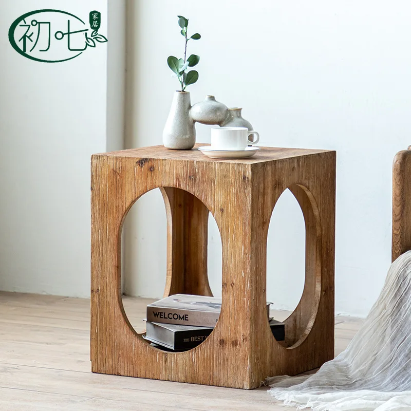 Wood Cube  Table with Round Cutout, Modern Geometric End Table, Multifunctional Nightstand Plant Stand for Living Room Bedroom