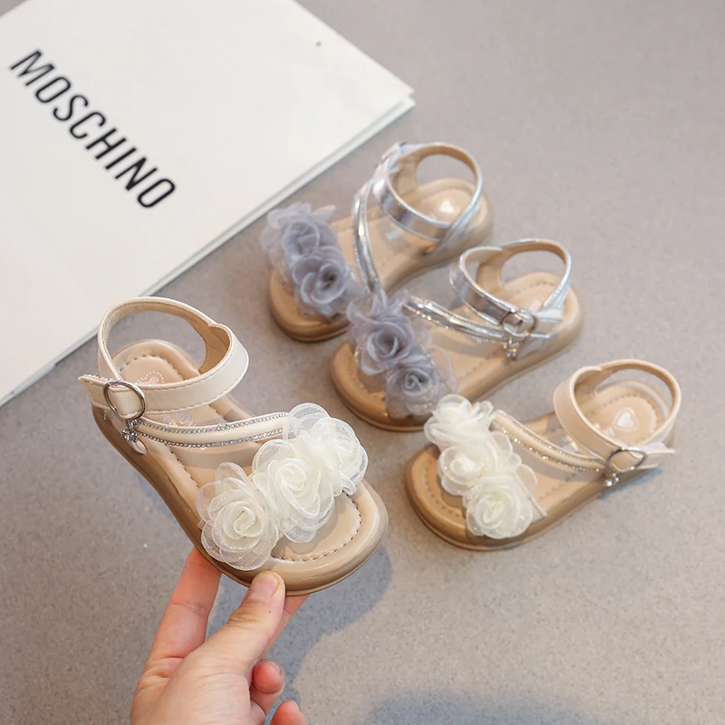 

Сандалии принцессы для девочек с цветами, летняя модная детская обувь со стразами, сандалии-гладиаторы для больших детей, новинка 2023 года