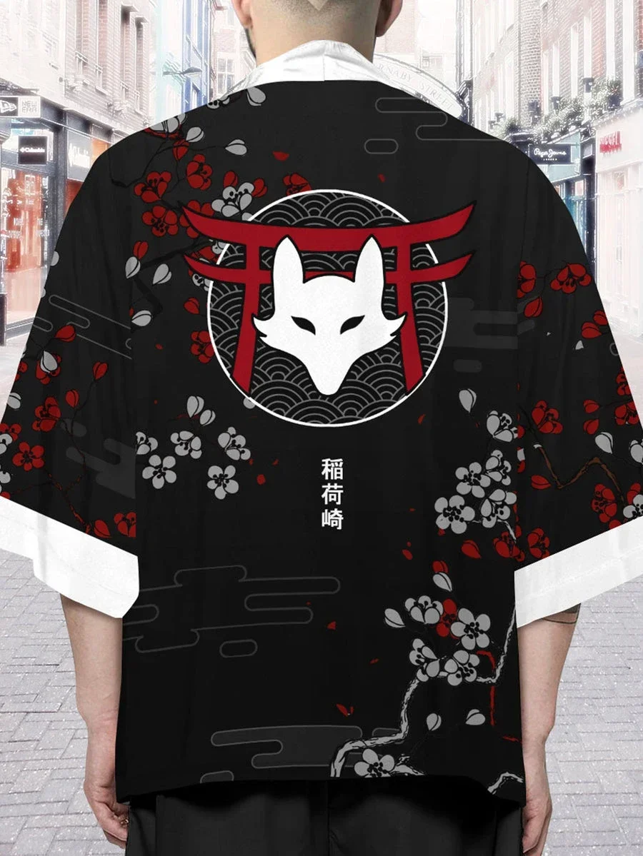 

Inaraki Fox Kimono Cape Loose Three-quarter Sleeve Cardigan Robe Feather Anime Cape Short Sleeve T-shirt