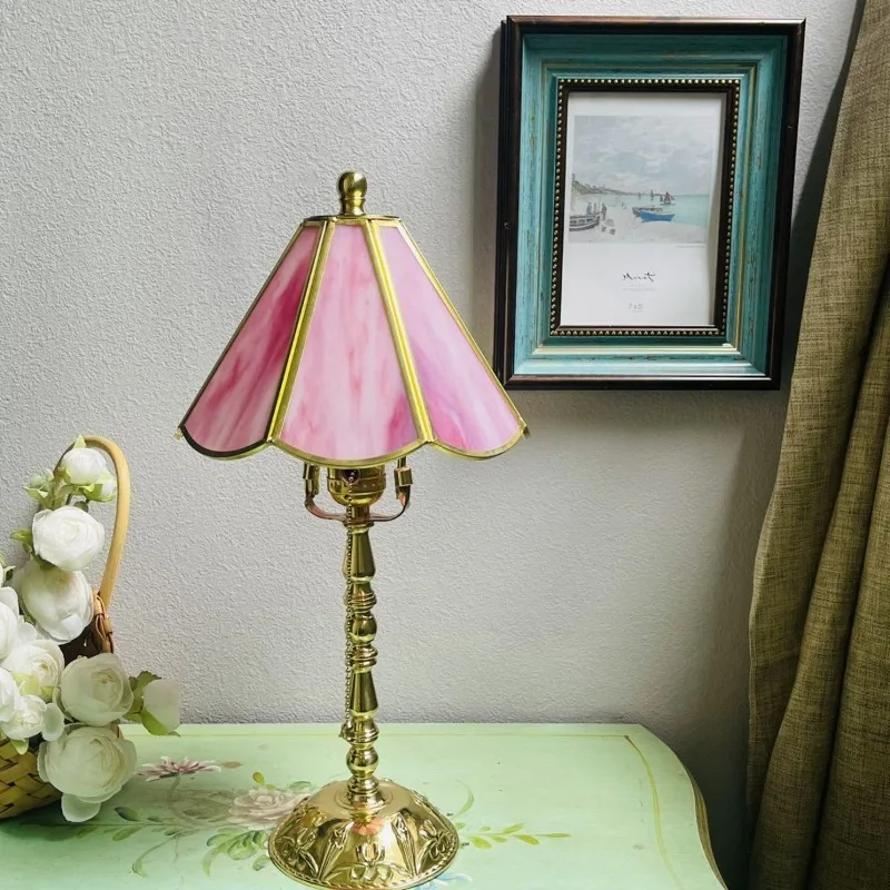 Vintage Baroque Table Lamp, French Retro Glass Desk Lamp, Brass Base Bedside Lamp, Romantic Decorative Night Light for Bedroom