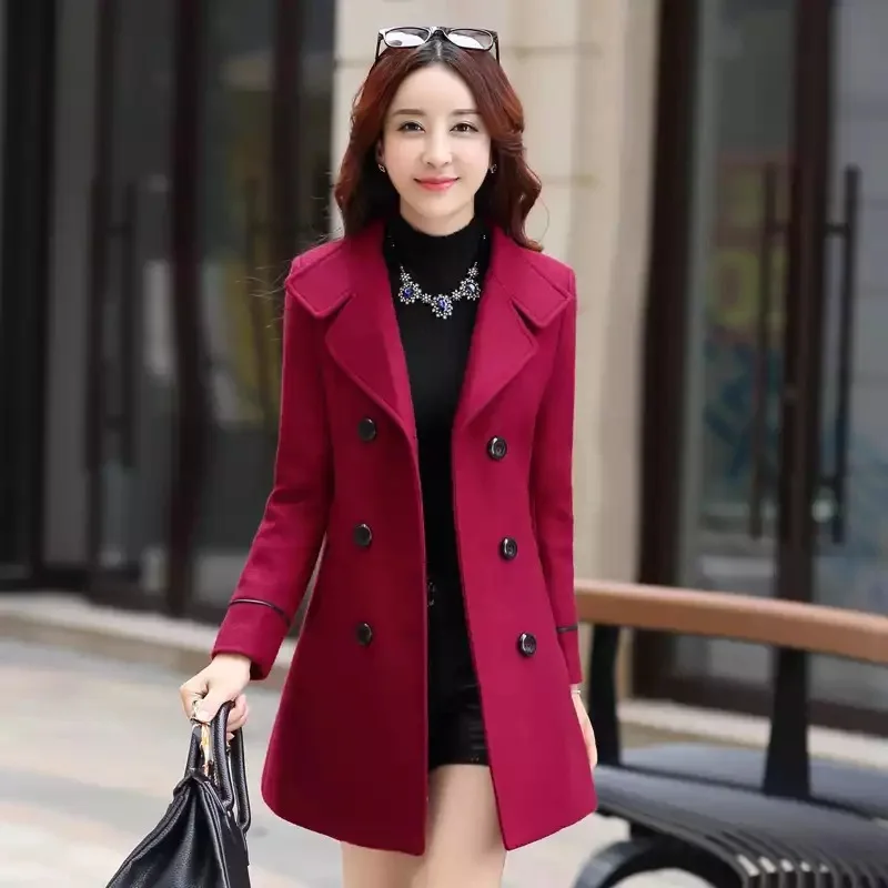 Autumn Winter Plus Size Jacket Womens Double Breasted Solid Color Coat Korean Slim Female Woolen Jacket Womens