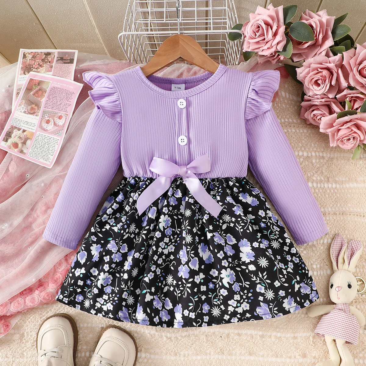 Neues Baby-Mädchen-Kleid mit langen Ärmeln und Rundhalsausschnitt, lässig, schlicht, Blumendruck