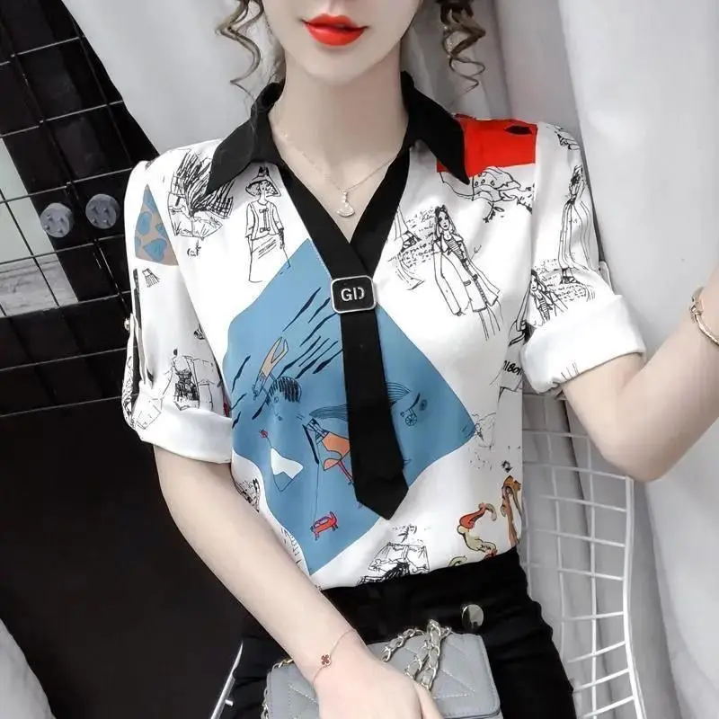 

2024 Summer New Women's Pullovers Polo-Neck Tie Up with Contrast Color Printed Korean Loose Commuter Short Sleeve Chiffon Tops