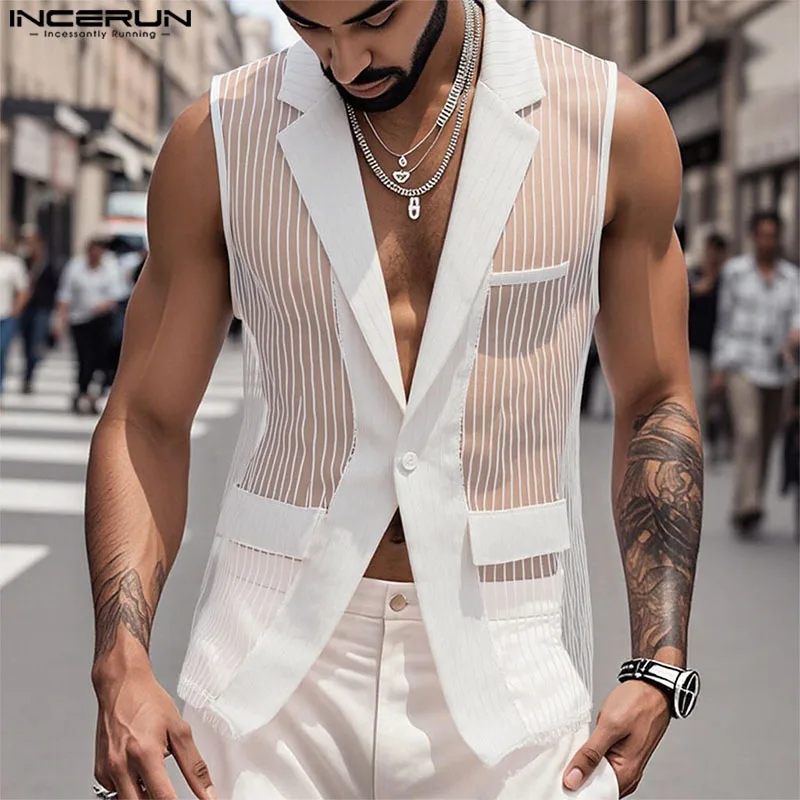 

Summer Men Vests INCERUN Mesh Striped Transparent Sexy Lapel Sleeveless One Button Male Waistcoats Streetwear Casual Vests S-5XL