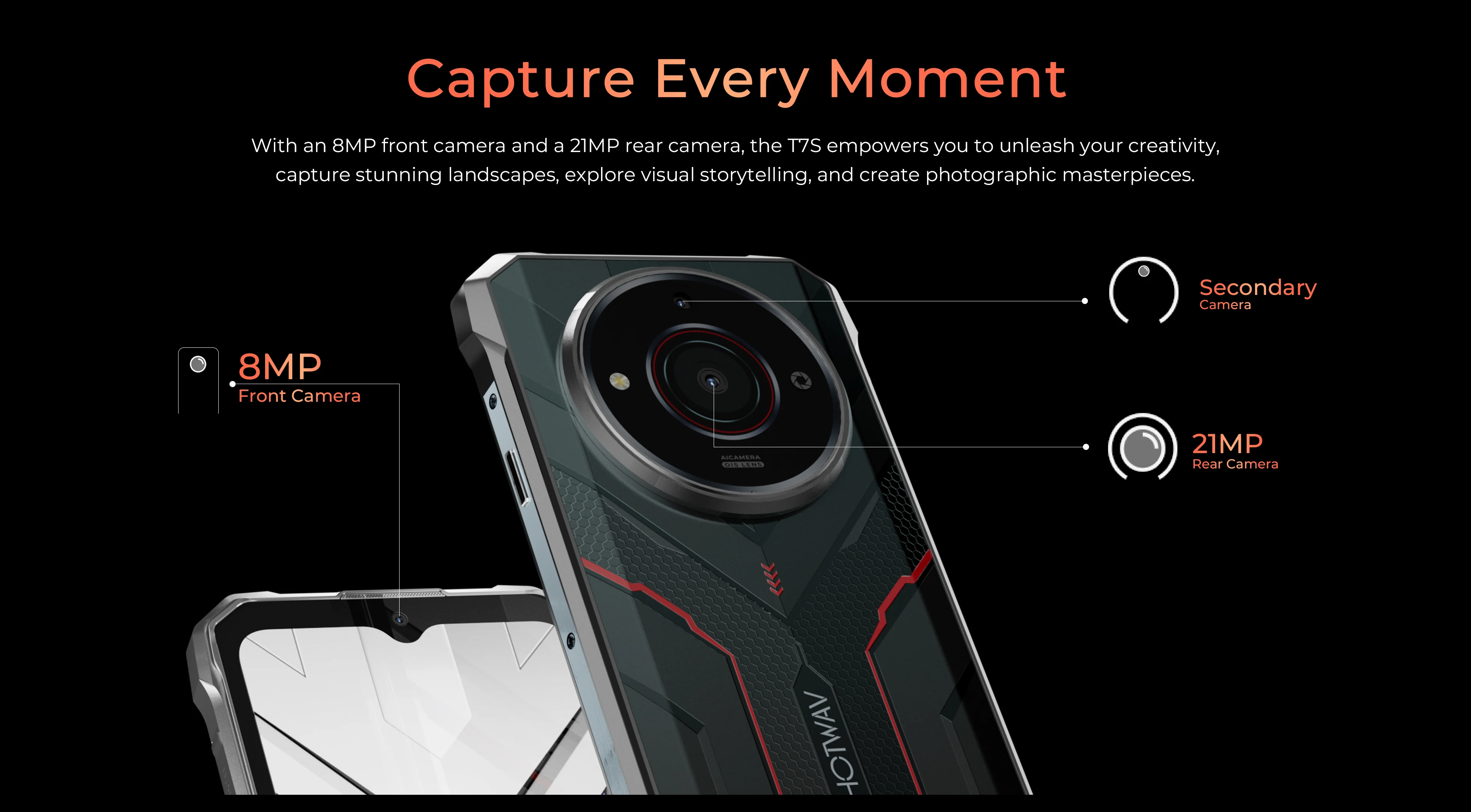 HOTWAV T7S Rugged Smartphone Ultra Thin 6280mAh Battery Mobile Phone 6.52'' HD+ 4GB RAM 128GB ROM 21MP Android 13 Cellphone