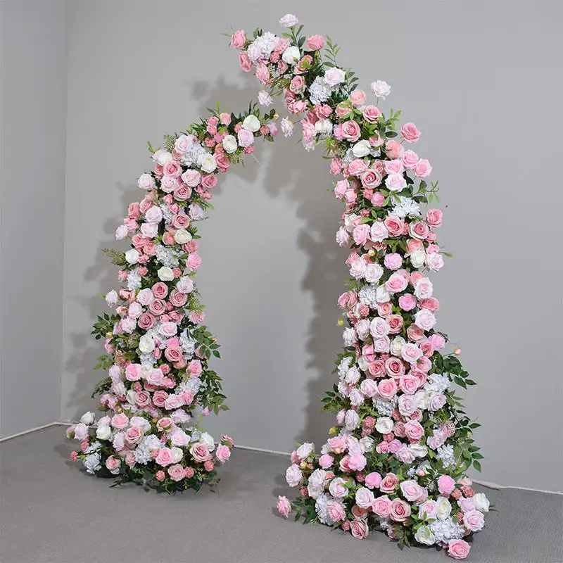 Custom pink and white rose peony Hydrangea green leaf artificial horn arch wedding background decoration banquet event layout