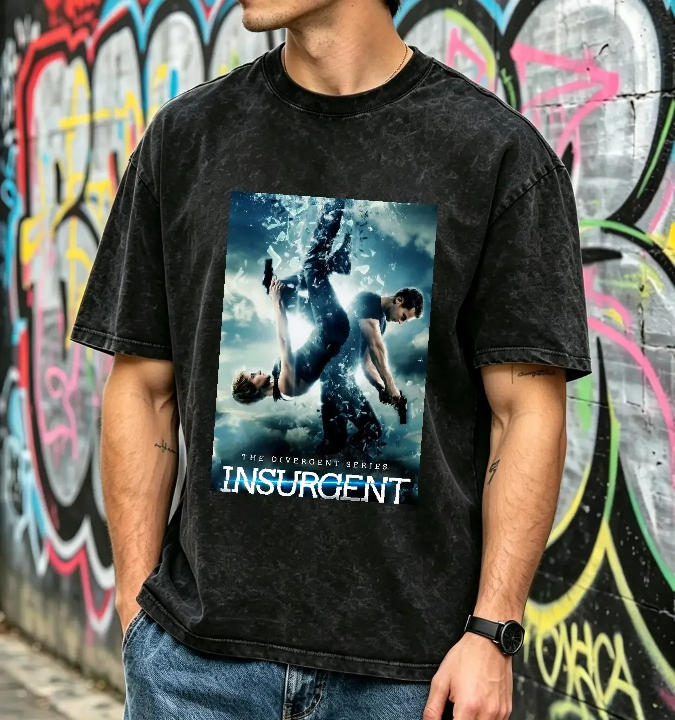 washed T Shirt Insurgent The Divergent Series Movie Promotional Black Men's Medium long or short sleeves vintage Washed