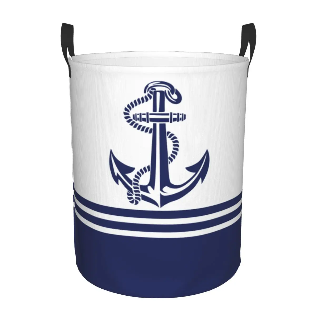 Custom Navy Blue Stripes Nautical Anchor 5 Laundry Basket Foldable Large Capacity Clothes Storage Bin Baby Hamper