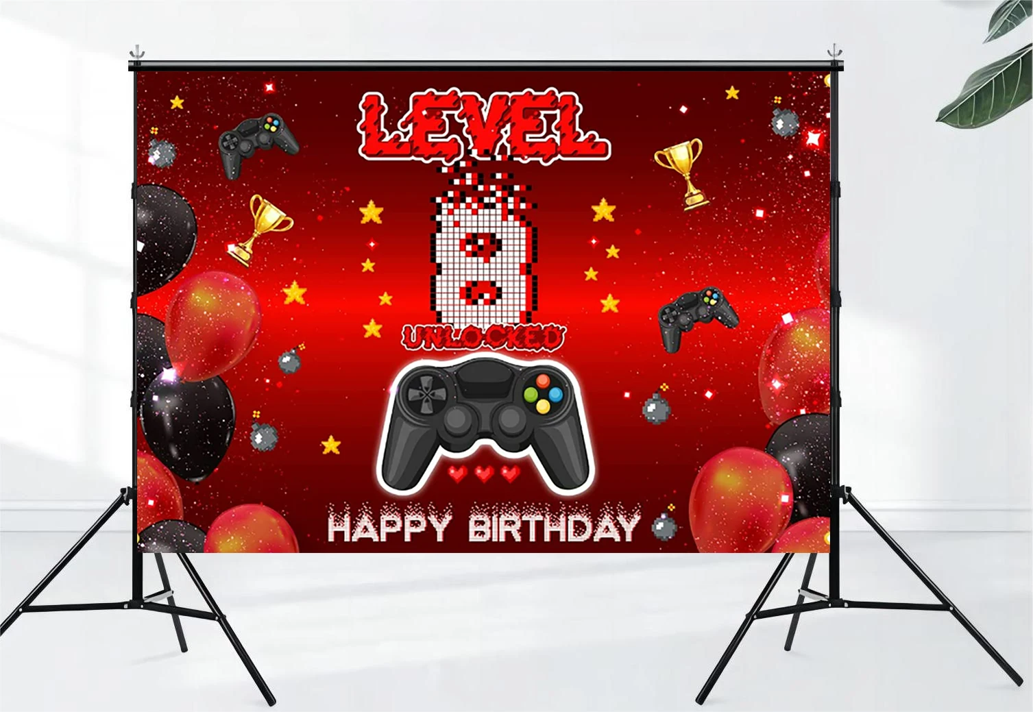 Level 8 Unlock Happy 8th Birthday Video Game Controller Theme Boy and Girl 8th Birthday Party Supplies Gift Background