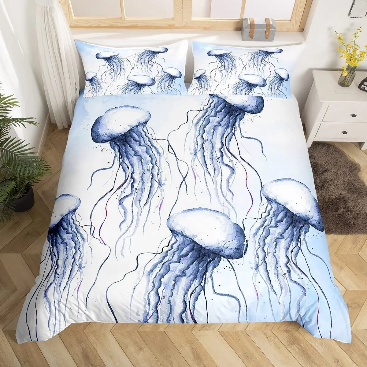 Jellyfish Bedding Set Queen,Ocean Nautical Comforter Cover for Kids Boys Girls,Hawaii Beach Duvet Cover Teens Cute Sea Animal