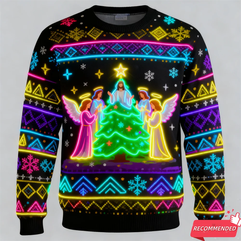 Sweater Natal Lucu 3D Print Motif Tupai Natal, Baju Natal Unisex Model Pullover Tracksuit, Desain Santa Yesus Neon Palsu 2025