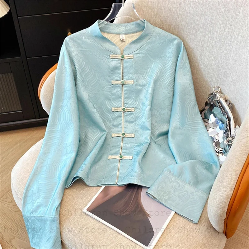 

Green Blue Jacquard Tang Clothes Ne Chinese Style Hanfu Qipao Top Satin Mandarin Collar Shirt Lady Elegant Autumn New Outwear