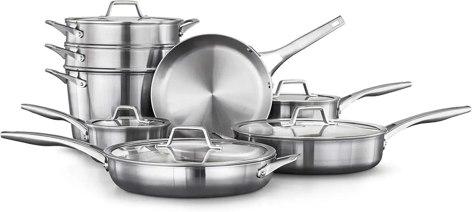 

13-Piece Stainless Steel Kitchen Cookware Set with Aluminum Core, Stay-Cool Handles and Steamer Insert, Silver