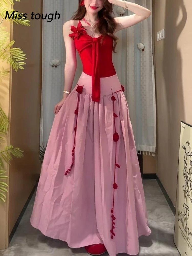 

Летний женский комплект из двух предметов, элегантный красный топ на тонких бретельках, розовая длинная юбка с высокой талией, наряд в милом стиле, облегающий одинаковый комплект