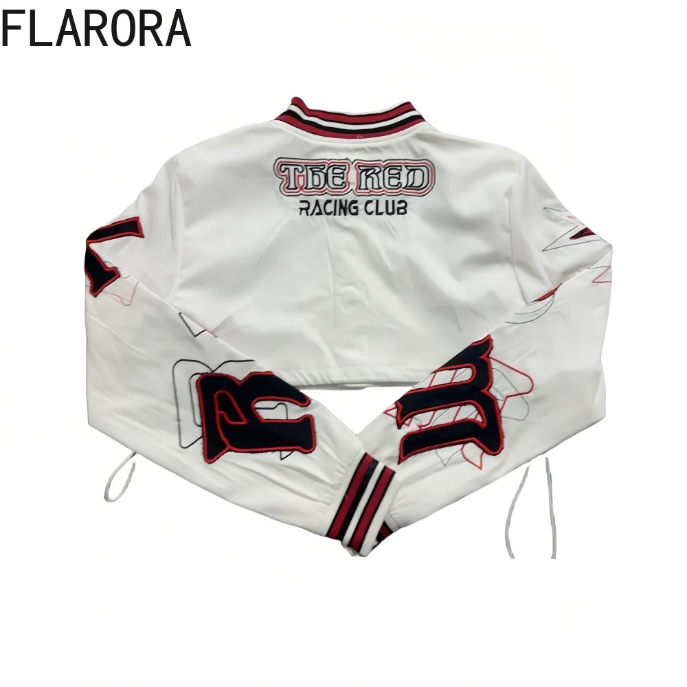 FLARORA Retro Letter Print Embroidered Baseball Jackets Woman Long Sleeve Stand Collar Crop Coat Autumn Y2k Streetwear Jacket